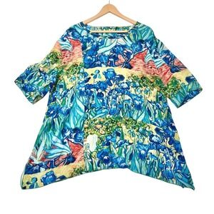 Cocoon House 100% Silk Van Gogh Irises Art to Wear Blouse Top L/XL Blue Green